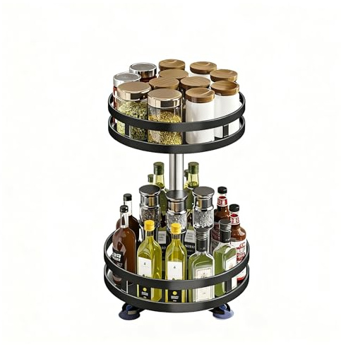 Tannest Lazy Susan Organizer Rotating Spice Rack, 2 Tier Adjustable 360° Rotating Metal Lazy Susan Turntable，for Cabinet Pantry Kitchen Bathroom Floor Bathroom Vanity Storage, Black