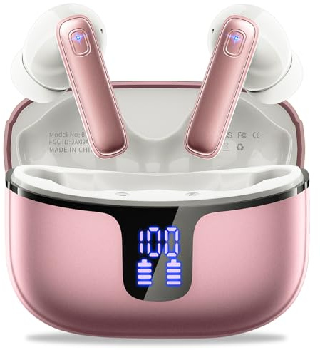 Ecouteurs Bluetooth sans Fil, Écouteurs Bluetooth 5.3 Oreillette Sport Casque HiFi Son avec 4 ENC Mic, 40H Durée de Lecture Écran LED, IP7 Étanche, Contrôle Tactile, Compatible Android and iOS, Rose