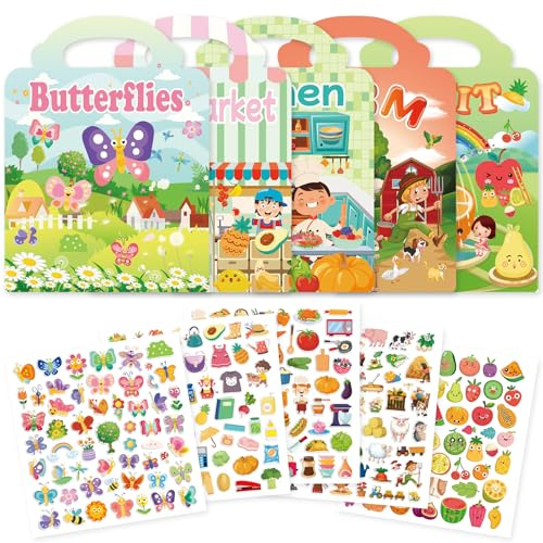 Meafeng 5 Stück Stickerbücher für Kinder, 3D Puffy Aufkleber Schmetterlinge, Supermarkt, Küche, Bauernhof, Obst Stickerbücher für 2 jahre Jungen Mädchen Kindergeburtstag Party Geschenk