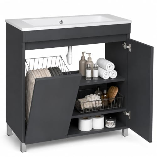 paplinskimoebel Waschbecken mit Unterschrank Ribera 80 cm, Hängend oder Stehend, Waschtisch mit Unterschrank für Badezimmer, Wäschekorb, Wäscheschrank, Zusatzböden, 2 Soft-Close-Türen (Anthrazit, 80)