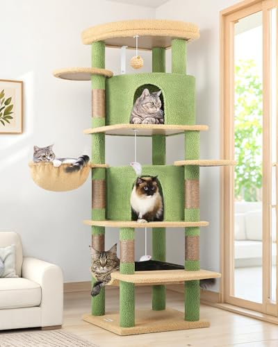 Globlazer Albero Tiragraffi ad Angolo Cactus Verde Alto 167 cm con 2 Curva Grotte, Grandi Piattaforma, Morbido Amaca, Cesto, Albero Tiragraffi Angolare Stabile per 3-4 Gatti Grandi (C66, Verde)