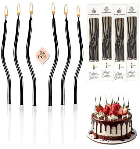 24 Stück Geburtstagskerzen, Spiral Kuchen Kerzen (Schwarz) | Geburtstag Kerzen mit Haltern für Dekorative Geburtstag Hochzeit Party, Dünn und Lang 16CM, Geburtstagskerzen für Torte