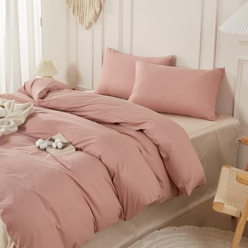 SAPHREAS Double Size Dusty Rose Duvet Cover Set 100% Washed Cotton 3Pcs 8 Corner Ties Modern Solid Bedding Soft 1 Duvet Cover with Zipper 2 Pillow Shams, Comforter Not Included