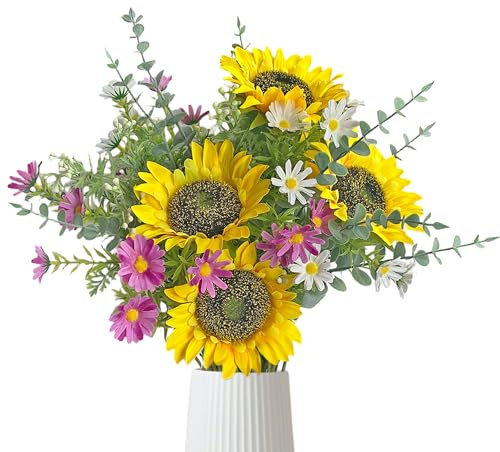 Kunstblumen wie echt Sonnenblume Künstliche Blumen Blumenstrauß Sommer | Fake Pflanzen Wildblume Blumenstrauß Künstlich Seidenblumen Blumenarrangements Deko Wohnzimmer Kernstück Hochzeit Brautstrauß