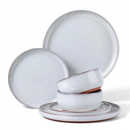 HaWare Dinner Set, 6 Piece Stoneware Dinnerware Service for 2, Reactive Glaze Plates and Bowls Set with Rustic Terracotta Base, Chip and Scratch Resistant, Microwave & Dishwasher Safe, Glacier White
