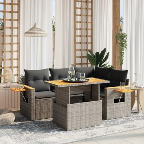 Refined 5-TLG Gartenmöbel Gartengarnitur, Sitzgruppe Sitzgarnitur, Lounge Sofa Garnitur Terrasse Garten-Sofagarnitur mit Kissen Grau Poly Rattan