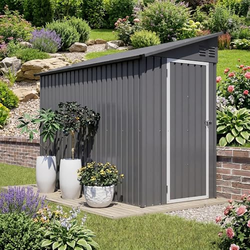 Casetta da Giardino in Metallo 3mq Box Attrezzi con Tetto a Spiovente, Casetta Esterna Addossata Antracite, Porta con Serratura e 2 Prese d'Aria per Utensili da Giardino, Tosaerba, Biciclette