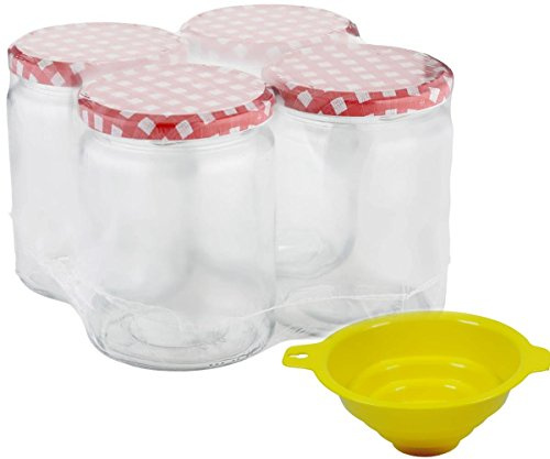 Viva per la casa # 61008# 4 Barattoli da 540 ML, con Tappo A Vite, Incluso Un riempimento Imbuto per Conserve, Vetro, Trasparente, 8.5 x 8.5 x 12 cm