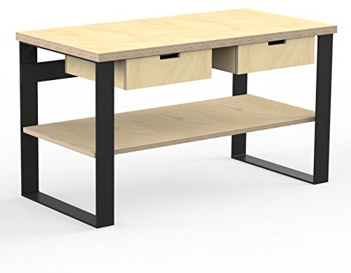 AUPROTEC Profi Design Werkbank 1300 x 750 x 850 mm Arbeitsplatte Multiplex 40mm mit 2 Schubladen und Ablage Holz Werkbankplatte Multiplexplatte Industriequalität Massiv Arbeitstisch
