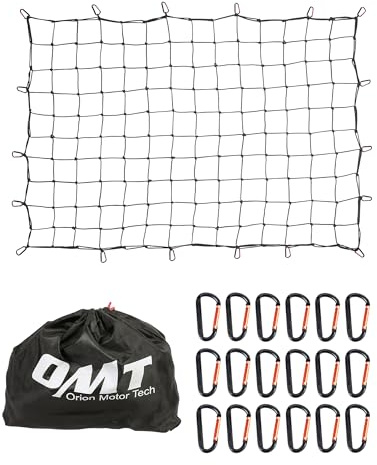 Orion Motor Tech 5'x7' Heavy Duty Cargo Net Stretches to 10'x14' for Pickups SUVs Vans Semis, Bungee Cord Net for Truck Bed Roof Rack Trailer More with Handmade Knotting 18 Carabiners Storage Bag