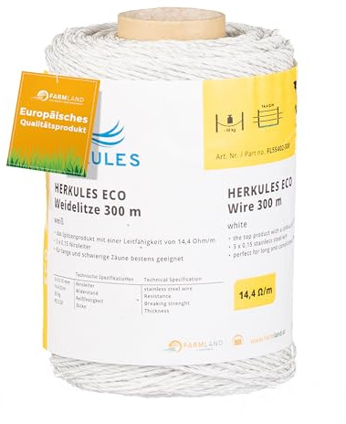 Farmland Herkules Power Weidezaunlitze - 300 Meter Weidezaun Litze mit 14,4 Ohm/m - Robuste Weidelitze mit NIRO Leiter - Weide Litze für alle Tierarten