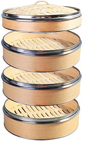Hcooker 3 Tier Kitchen Wood Steamer with Double Stainless Steel Banding for Asian Cooking Buns Dumplings Vegetables Fish Rice