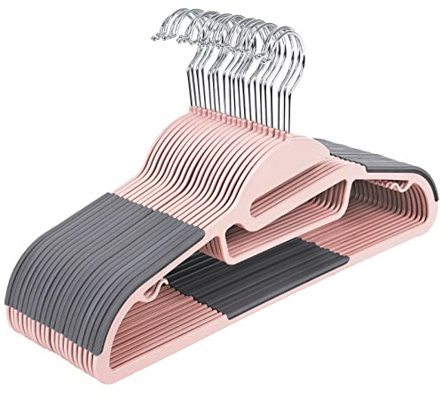 SONGMICS Grucce in Plastica 20 Pezzi, Apertura per Collo Stretto, Antiscivolo e Salvaspazio, Spessore 0,5 cm, Larghezza 41,5 cm, Gancio Girevole a 360°, Rosa e Grigio Scuro CRP041P01