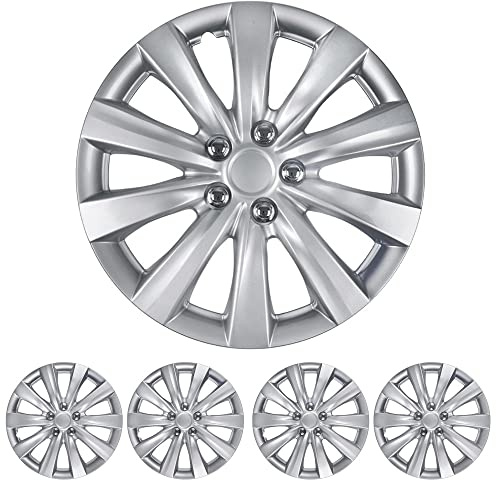 BDK (4-Pack) Premium 16 Inch Rim Wheel Cover Hubcaps for Cars Trucks SUVs Vans, Direct OEM Replacement Universal Fit Snap-On ABS Hubcaps 16 inch Wheel Covers - Set of 4 Hub Caps - 10-Spokes Silver
