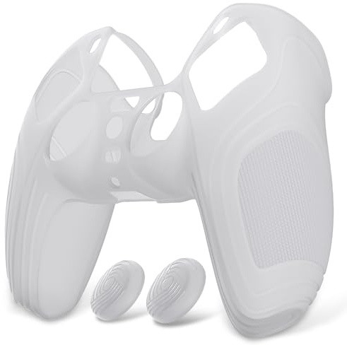 eXtremeRate PlayVital Samurai Edition Clear White Anti-Slip Controller Silicone Skin for ps5, Ergonomic Soft Rubber Protective Case for ps5 Controller with Clear White Thumb Stick Caps