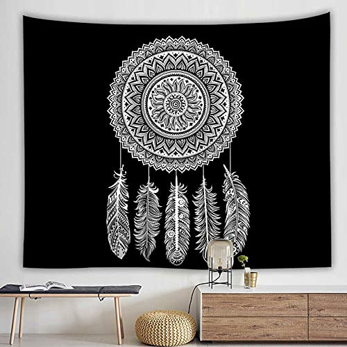 Wandteppich Traumfänger Schwarz Weiss Federn,Wandtuch Mandala Wanddeko Schlafzimmer Deko Boho Style Tapestry,Makramee Wandbehang Psychedelic Wand Tuch,230x150 cm