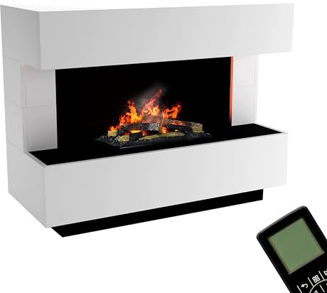 GLOW FIRE Wasserdampf Kamin Kant (Standkamin) - Elektrokamin mit realistischen LED 3D-Flammen, Knistereffekt & Fernbedienung, 120x93x50 cm - Opti-Myst 600 Elektro Kamin mit Holz-Deko, Weiß