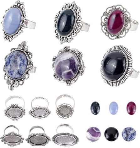 SUNNYCLUE 12 Stück 6 Stile Antik Silber Ring Fassungen Verstellbar Leer Hohl Blume Oval Rund Mit Bunten Edelstein Cabochons Ringherstellungsset Für DIY Schmuckherstellung Bastelbedarf