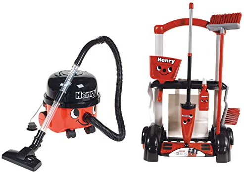 Casdon 728 Henry Toy Vacuum Cleaner for Children Aged 3+ | Looks and Works Just Like The Real Thing, Red & 630 Henry-Inspired Toy Cleaning Trolley for Children Aged 3+ | Wheels Around Room, Red