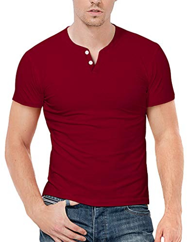 KUYIGO Uomo Slim Fit Manica Corta Beefy Moda Casual Henley Magliette di Cotone Camicie M Vino Rosso