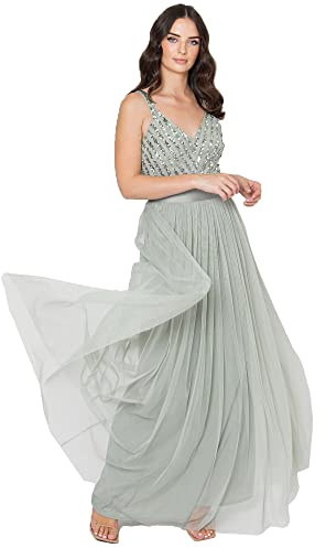 Maya Deluxe Maxi Abendkleid Damen Elegant für Hochzeit mit V-Ausschnitt Tüllkleid Damen mit Schleife Brautjungfernkleid