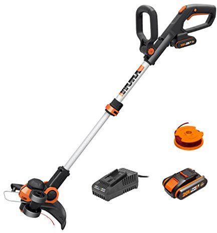 WORX 20V Cordless Grass Trimmer WG163E.3 with Fast Charger, 2 x 2,0Ah Batteries, PowerShare, 2-in-1 Strimmer/Edger, 90° Head pivots, Command Feed System