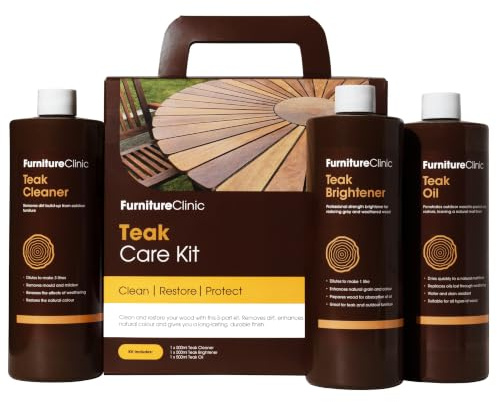 Furniture Clinic Teak Care Kit - Restorer & Cleaning of Outdoor Wooden Garden Furniture - Wood Cleaner & Restoration Treatment - Contains Teak Oil, Teak Cleaner, & Teak Brightener