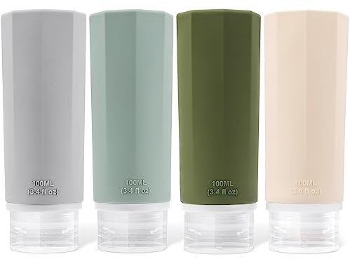 Opret 4 Stück Silikon Reiseflaschen Set, 100ml Reiseflaschen zum Befüllen | Kosmetik Shampoo Flüssigkeiten, Auslaufsicher Nachfüllbare Leer Reiseset Reisegröße Behälter Travel Bottles Set Travel Kit
