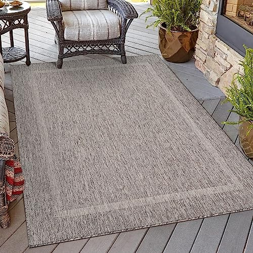 HomebyHome Matta för inomhus- och utomhusbruk, väderbeständig sisallook, 240 x 340 cm, grå – balkongmatta, vattentät, tvättbar, platt väv – perfekt för kök, camping, trädgård och terrass