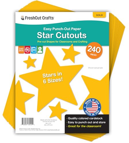 240 Pieces Star Cutouts, 2-Sided US Made Card Stock Punch Out Gold Stars for Bulletin Boards, Classroom Decor, Back to School DIY Craft Projects, Party Decoration, Hollywood Themed Events