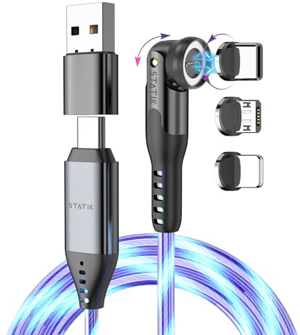 Statik 360 Pro Magnetic Charging Cable - Fast Charger USB C Charger Cable, Phone Charger 3 in 1 USB C to USB C, Micro USB & iProduct Tips, USB A Adapter - 100W GloBright 6FT/2M | Includes USB-C, Micro-USB & Lightning tips. USB-A adapter included. Fast charging & data transfer.6FT,Globright