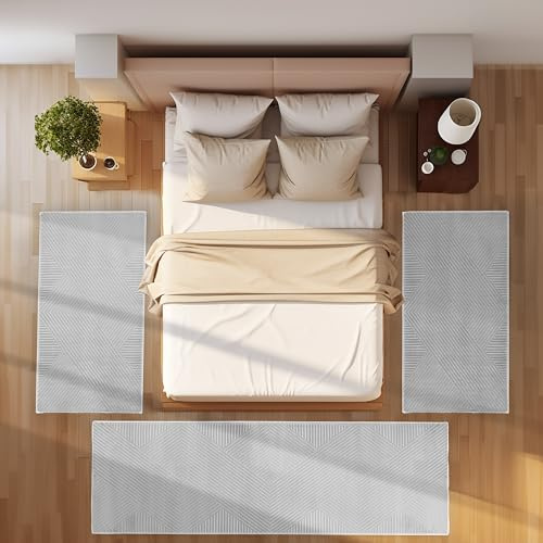 SIMPEX Tappeto passatoia per camera da letto, corridoio, tappeto da cucina, a pelo corto, set da 3 pezzi, stile boho, design moderno, morbido, colore: argento