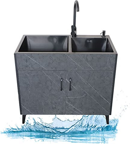 Lavelli per lavanderia, mobile lavello da cucina nero, lavello freestanding in acciaio inox a 2 scomparti, lavabo con rubinetto acqua calda fredda, mobile lavanderia per garage, ri