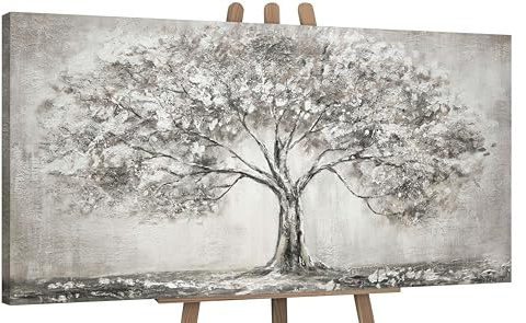 YS-Art Acryl Quadri su Tela Dipinti a Mano Albero della Vita Quadri Arte Astratta Soggiorno murales Moderno con Colori Grigi Ufficio 140x70 cm