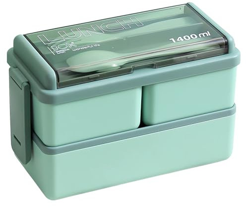 BoloShine Porta Pranzo da 1400ml, Lunch Box con 3 Scomparti, Scatola Bento con Posate per Adulti e Bambini, Forno a Microonde e Lavastoviglie, per Picnic Scuola Uffici (Verde)