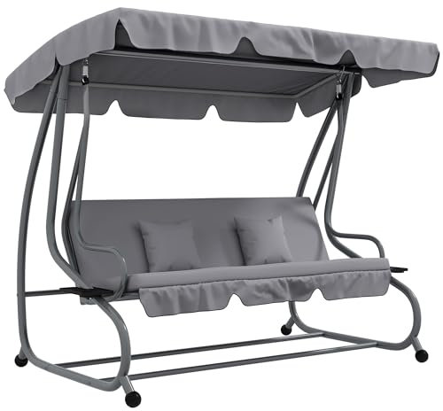Outsunny Dondolo Letto da Giardino con Tettuccio Regolabile e Vassoi Portabicchieri, Dondolo da Giardino in Acciaio e Poliestere, 200x120x164 cm, Grigio
