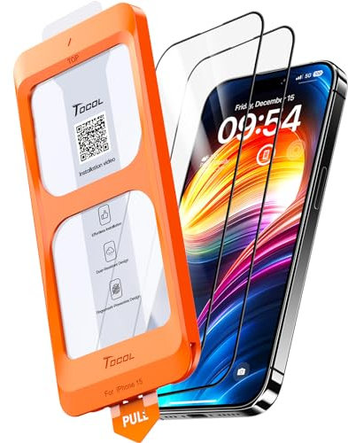 TOCOL 2 Piezas Protector Pantalla para iPhone 15, Alineación Automática para Una Instalación Rápida, Sin Burbujas, Cristal Templado de Dureza 9H+Inastillable, HD Transparente