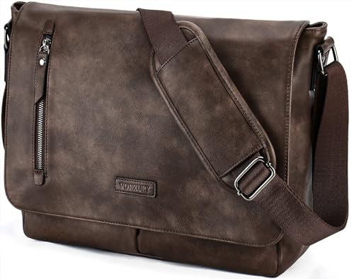 VX VONXURY Umhängetasche Herren und Damen, Vegan Leder 14 Zoll Laptoptasche Messenger Bag Arbeitstasche für Arbeit Schule(Kaffee)