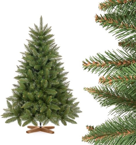 FairyTrees Weihnachtsbaum künstlich 120cm FICHTE Natur mit Christbaum Holzständer | Tannenbaum künstlich mit grünem Stamm | Made in EU…