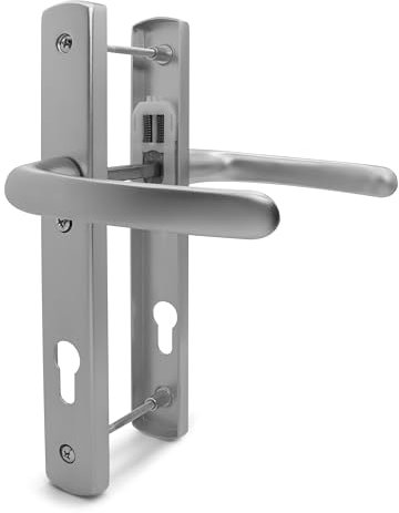 TSS Silver UPVC Door Handle Pair Set, 92mm PZ (Centres), Sprung, Lever Lever, 215mm Top to Bottom Screw (Screw Centres), 3X Fixing Points, Backplate 260mm x 35mm - Replacement PVC Door Handle