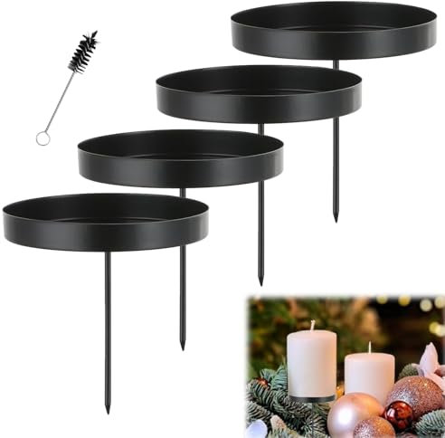 JOLIGAEA 4 Stück Kerzenhalter Adventskranz, 8cm Kerzenständer Schwarz, Stabkerzenhalter aus Metall, Kerzenteller zum Stecken Stumpenkerzen, Kerzenhalter für Adventskranz