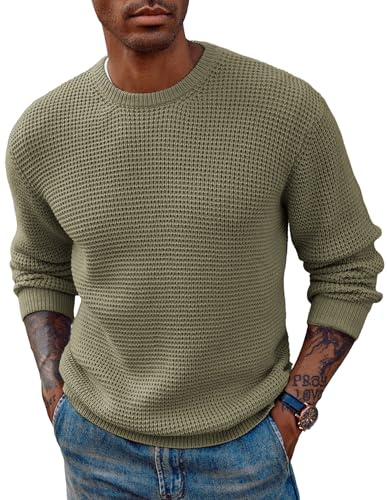 PJ PAUL JONES Pullover Herren Grobstrick Strickpullover mit Rundhals Winterpullover Waffelstruktur Langarm Hellgrün M