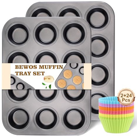 BEWOS 2 PCS Non-Stick 12 Cup Muffin Pan, Carbon Steel Mini Muffin Pan with 24 Reusable Silicone Silicone Molds, Dishwasher Safe & Easy Clean Muffin Tin, Baking Moulds for Muffins or Cupcake（Grey）