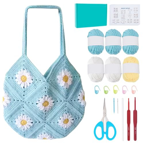 ORIGACH Häkelset Tasche Gänseblümchen für Erwachsene Anfänger, Aquablau | DIY Granny Square Tasche Häkelset Für Mit Schritt Für Schritt Videoanleitung