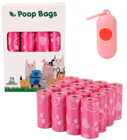 Bolsas de basura para mascotas con dispensador, 16 rollos, patrón de corazón rosa, bolsas de basura degradables para mascotas, bolsas de arena para perros al aire libre, bolsas de arena para perros
