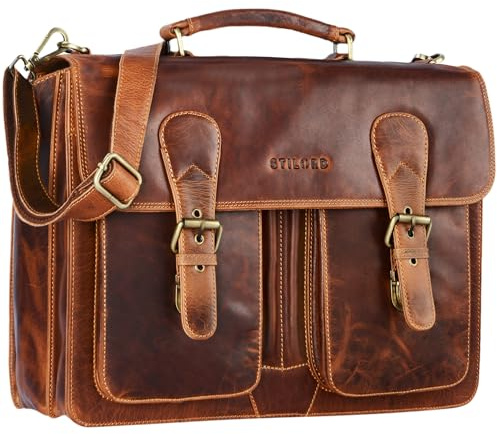 STILORD Denver Vintage Aktentasche Leder Herren Cognac - Männer Arbeitstasche Leder-Tasche 15.6 Zoll Laptop Bürotasche Große Business Umhängetasche Echt-Leder Lehrertasche
