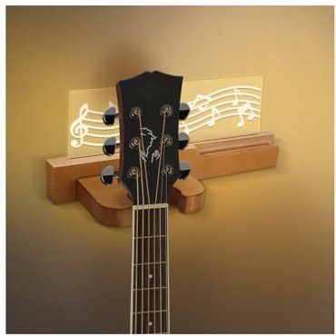 Gugxiom Light up Wooden Guitar stand,Note Pattern Designs,Guitar Wall Mount in USB Powered,Guitar Wall Hanger for Electric Bass 、Acoustic 、and Ukulele Violin