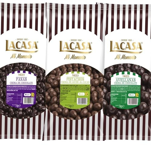 Lacasa Pack 3kg de bolas: Pasas de Corinto con chocolate Negro,Avellana con chocolate Negro,Pistachos con chocolate Leche