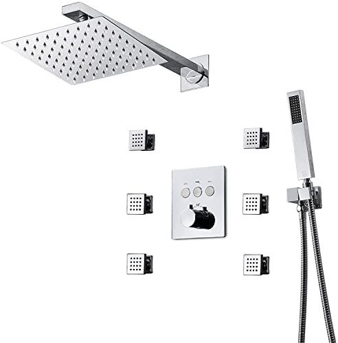 WACEH Shower Système de Douche Ensemble de robinets de Douche thermostatiques de 25,4 cm, Ensemble combiné de Douche à Effet de Pluie carré, kit de Garniture de Baignoire et de Douche dissimulée avec