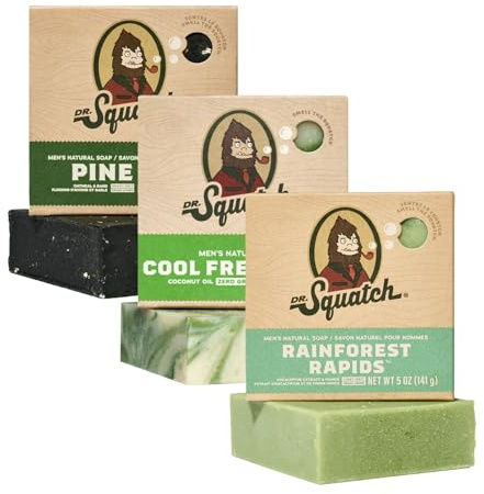 Dr. Squatch Natural Men’s Bar Soap - Cold Process Body Soap Bar with Natural Oils - Gifts for Men - Cool Fresh Aloe, Pine Tar, Rainforest Rapids (142g, 3 pack)